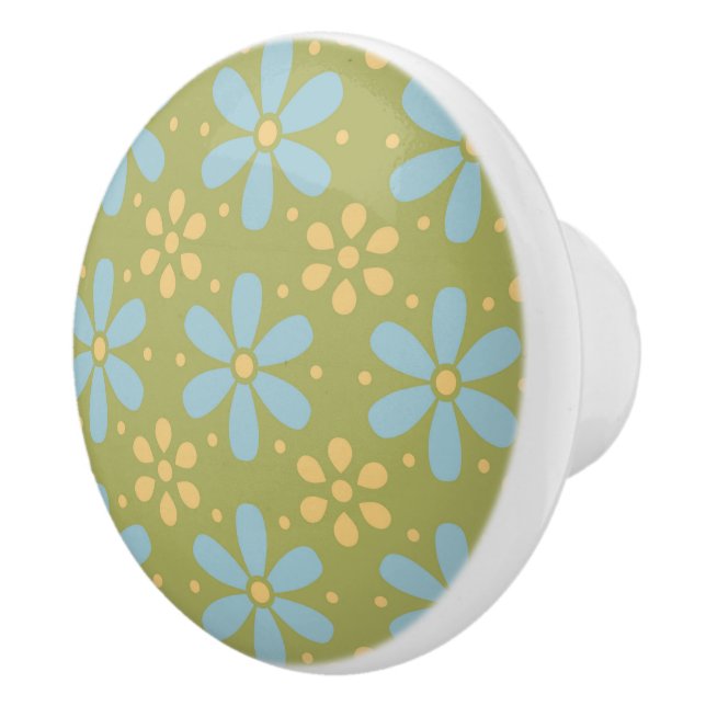 Retro Abstract Blue and Yellow Flowers on Green Ceramic Knob (Right)
