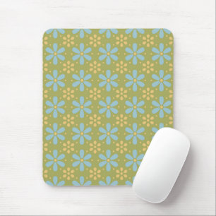 Retro Abstract Blue and Yellow Flowers on Green Mouse Mat