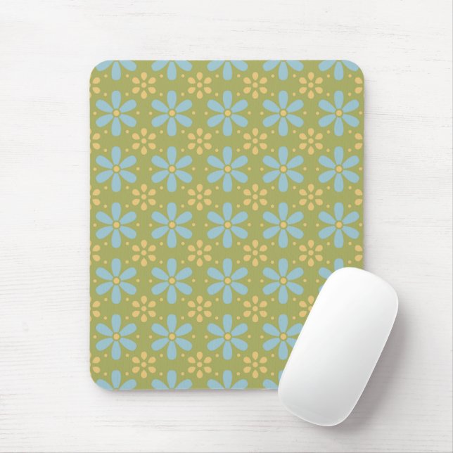 Retro Abstract Blue and Yellow Flowers on Green Mouse Mat (With Mouse)