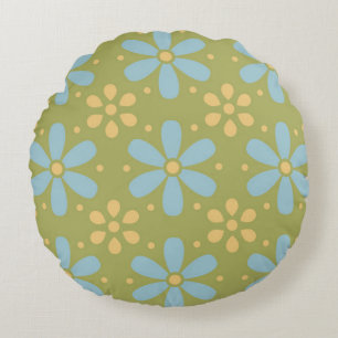 Retro Abstract Blue and Yellow Flowers on Green Round Cushion