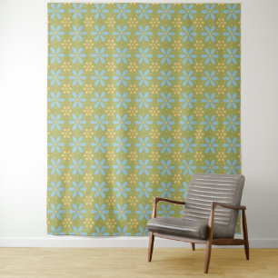 Retro Abstract Blue and Yellow Flowers on Green Tapestry