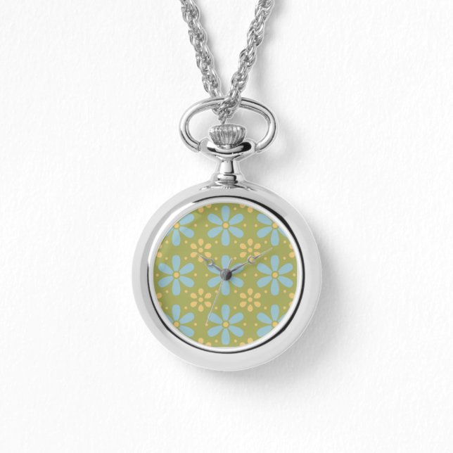 Retro Abstract Blue and Yellow Flowers on Green Watch (Front)