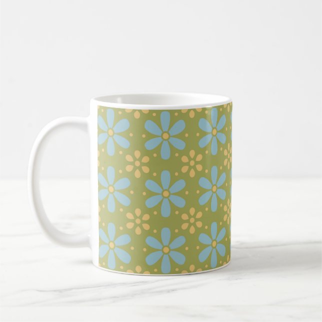 Retro Abstract Blue and Yellow Flowers Pattern Coffee Mug (Left)