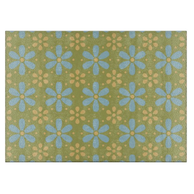 Retro Abstract Blue and Yellow Flowers Pattern Cutting Board (Front)