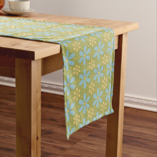 Retro Abstract Blue and Yellow Flowers Pattern Medium Table Runner