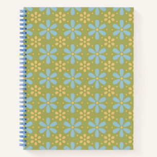 Retro Abstract Blue and Yellow Flowers Pattern Notebook