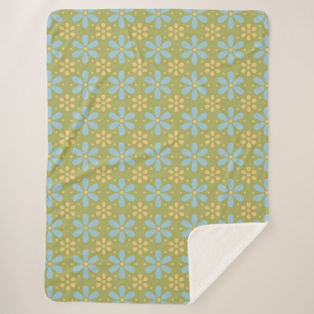 Retro Abstract Blue and Yellow Flowers Pattern Sherpa Blanket (Front)