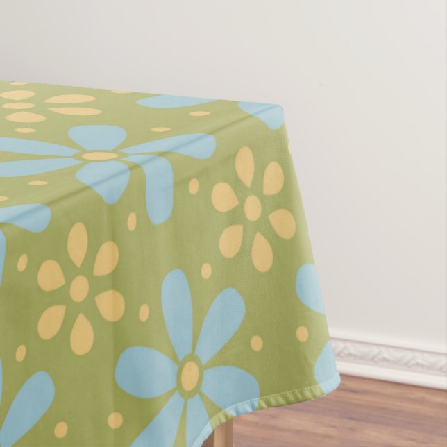 Retro Abstract Blue and Yellow Flowers Pattern Tablecloth (In Situ)