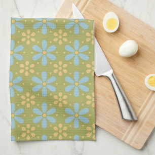 Retro Abstract Blue and Yellow Flowers Pattern Tea Towel
