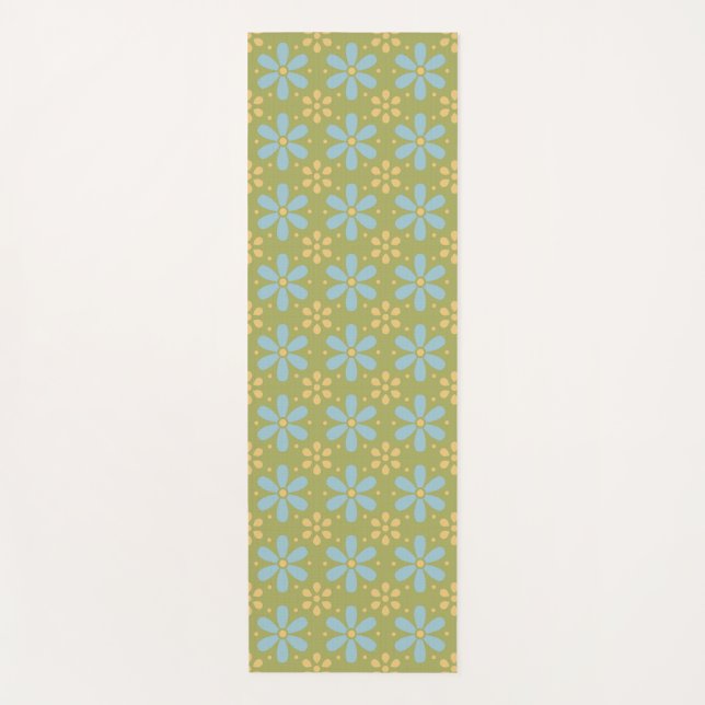 Retro Abstract Blue and Yellow Flowers Pattern Yoga Mat (Front)