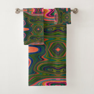 Retro Abstract Blue, Green and Orange Pattern Bath Towel Set