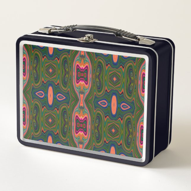Retro Abstract Blue, Green and Orange Pattern Metal Lunch Box (Front)