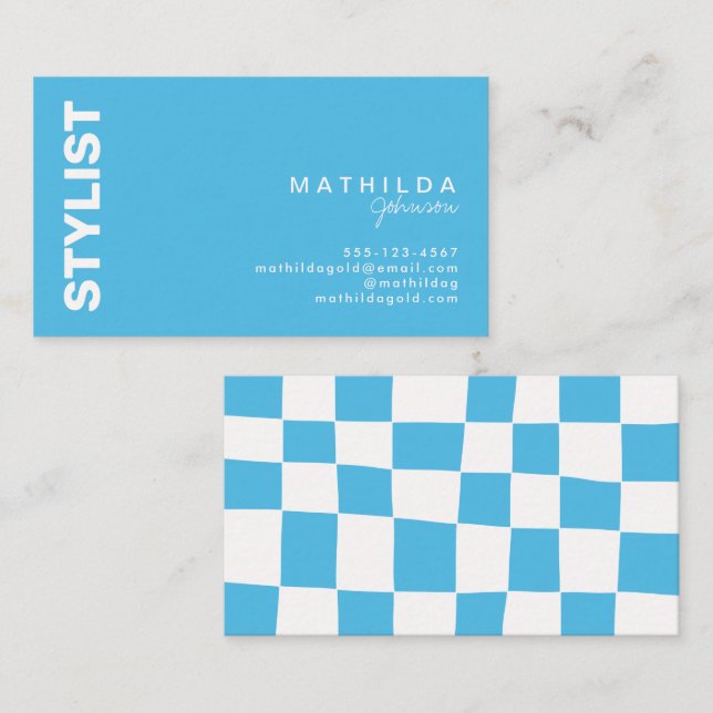 Retro Abstract Blue White Chequerboard Artsy Business Card (Front/Back)