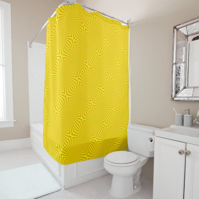 Retro Abstract Bright Yellow Sunbeam Pattern Shower Curtain (In Situ)