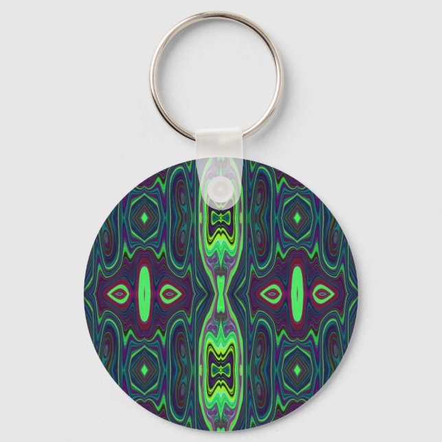 Retro Abstract Chartreuse, Red and Blue Pattern Key Ring (Front)