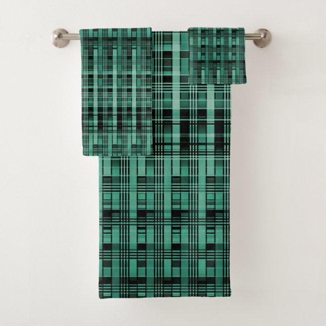 Retro abstract chequered plaid pattern green black bath towel set (Insitu)
