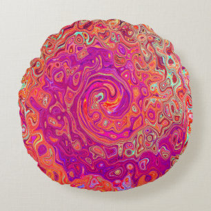 Retro Abstract Coral and Purple Marble Swirl Round Cushion