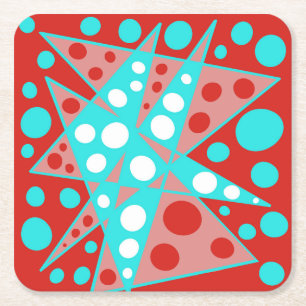 Retro abstract designs in red, white & turquoise square paper coaster