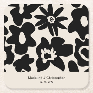 Retro Abstract Floral Wedding Square Paper Coaster