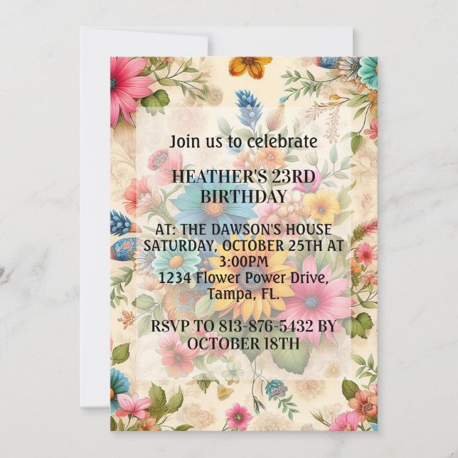 Retro Abstract Flower Art Birthday Party Invitation (Front)