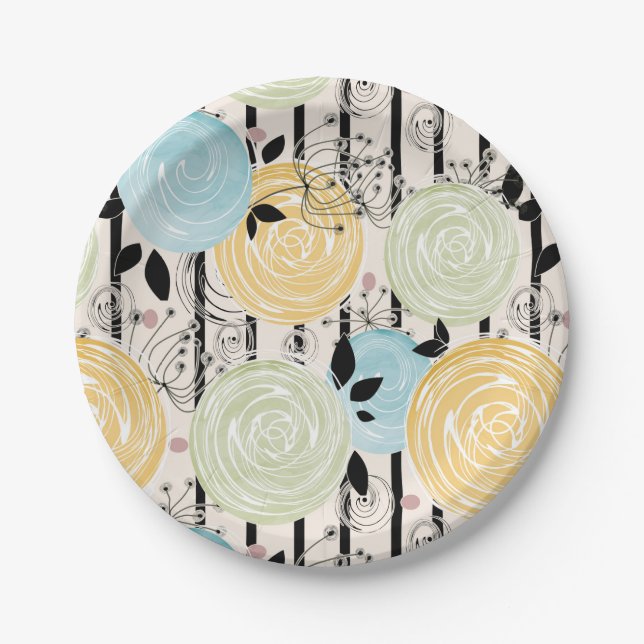 Retro, abstract flowers paper plate (Front)