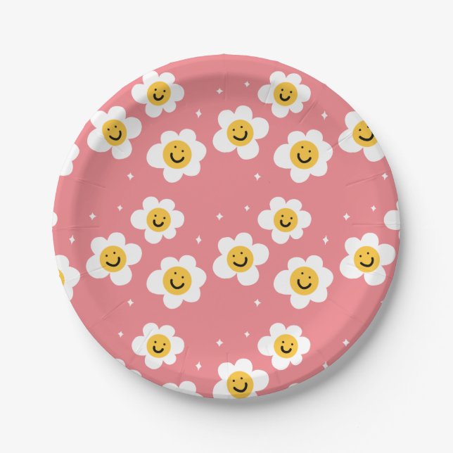 Retro Abstract Funky 60s Emoji Daisy Pattern Paper Plate (Front)