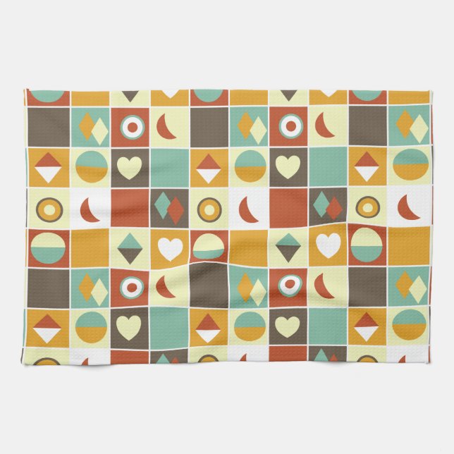 Retro Abstract Geometric Pattern Brown Yellow Red Tea Towel (Horizontal)