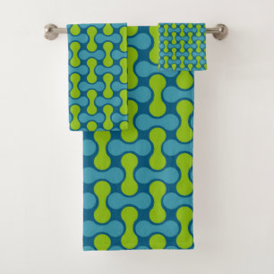 Retro Abstract Geometric Pattern in Blue and Green Bath Towel Set