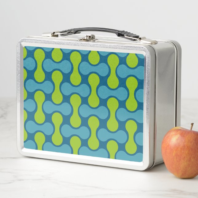 Retro Abstract Geometric Pattern in Blue and Green Metal Lunch Box (In Situ)