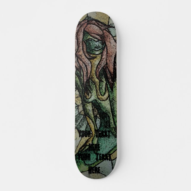 retro abstract green lady street art style skateboard (Front)