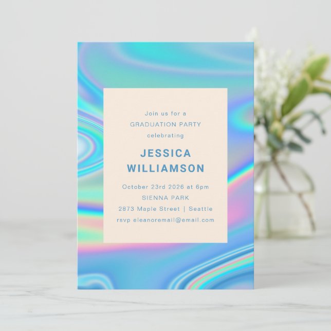 Retro Abstract Iridescent Blue Unique Graduation  Invitation (Standing Front)