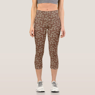 Retro Abstract Mid-Century Modern Pattern in Brown Capri Leggings