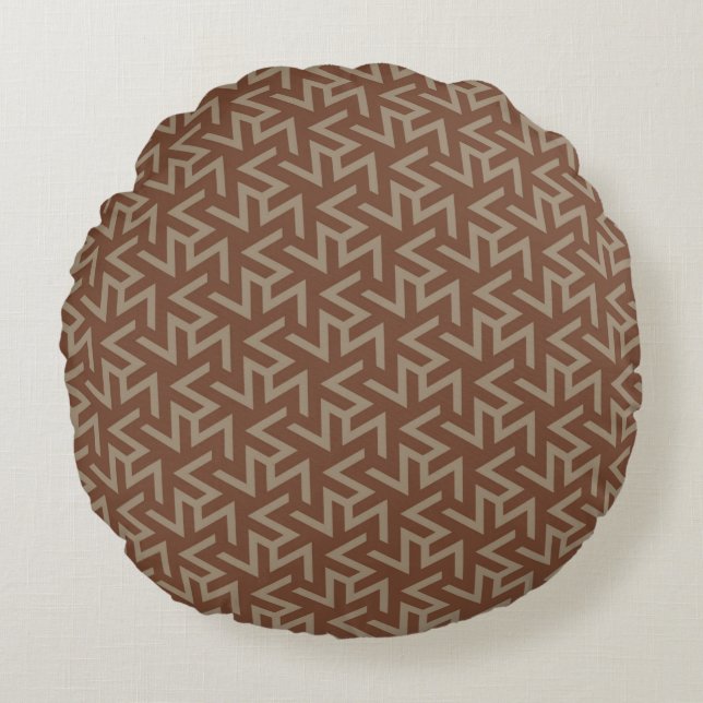 Retro Abstract Mid-Century Modern Pattern in Brown Round Cushion (Front)