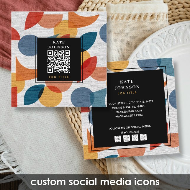 Retro Abstract Midcentury QR Code Social Media Square Business Card (Retro Abstract Midcentury QR Code Social Media Square Business Card)