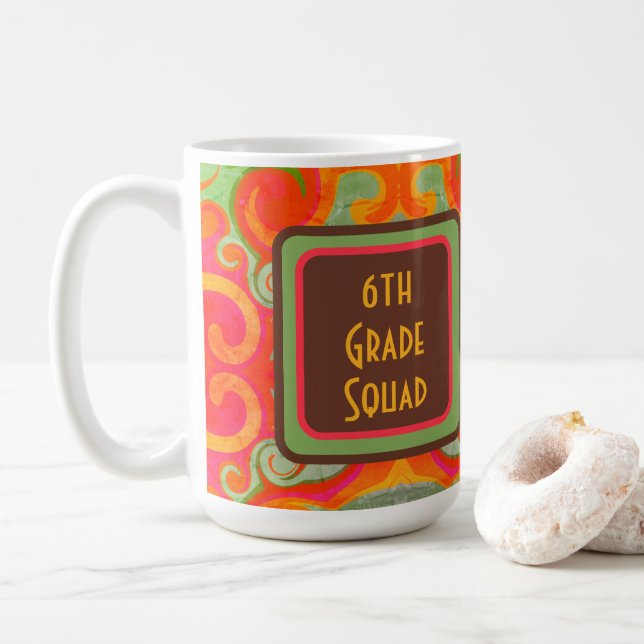 Retro Abstract Modern Teacher Initial Class Squad Coffee Mug (With Donut)