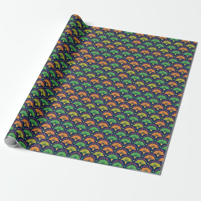 Retro Abstract Neon Dot and Fan Repeating Pattern Wrapping Paper (Unrolled)