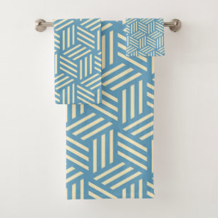 Retro Abstract Optical Illusion Cubes Pattern Blue Bath Towel Set