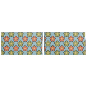 Retro Abstract Orange and Green Flowers on Blue Pillowcase