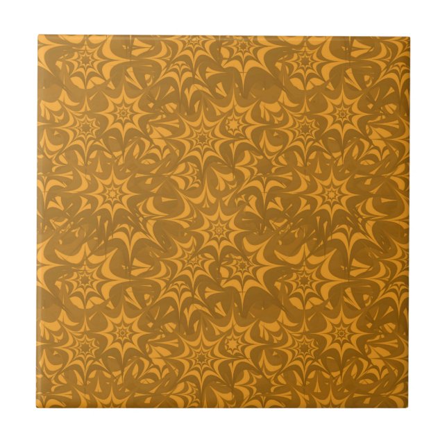 Retro Abstract Orange Floral Star Pattern Tile (Front)