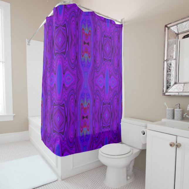 Retro Abstract Purple and Royal Blue Pattern Shower Curtain (In Situ)