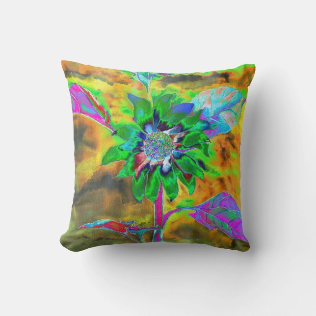 Retro abstract sunflower painting green gold cushion (Front)