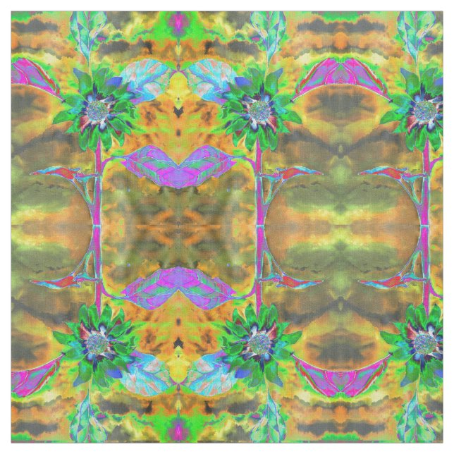 Retro abstract sunflower painting green gold fabric (Swatch)