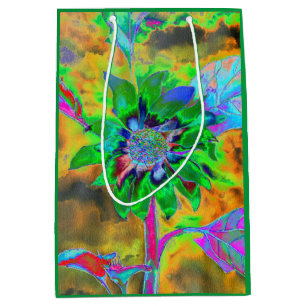 Retro abstract sunflower painting green gold medium gift bag