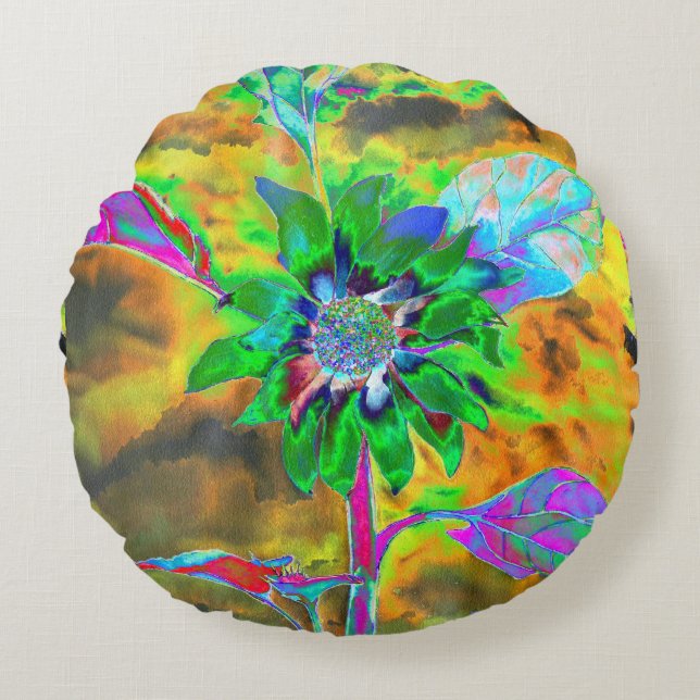 Retro abstract sunflower painting green gold round cushion (Front)