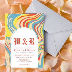 Retro Abstract Swirl Arch 70s Monogram Invitation