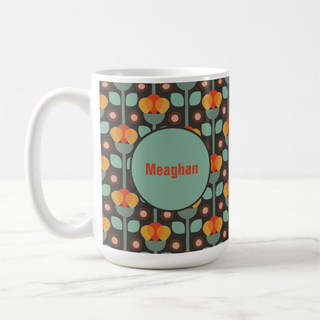 Retro Abstract Teal Gold Red Floral  Coffee Mug (Left)