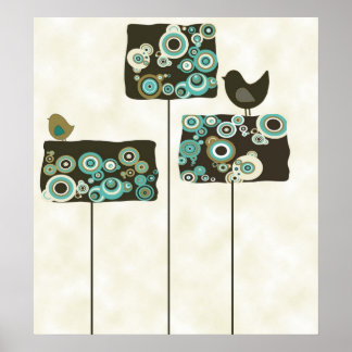Retro Abstract Trees and Birds Poster Print