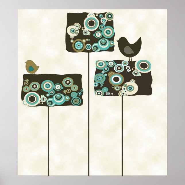 Retro Abstract Trees and Birds Poster Print (Front)