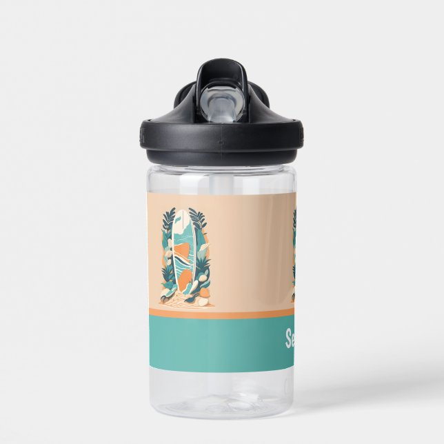 Retro Abstract Tropical Beach Surfboard Water Bottle (Front)