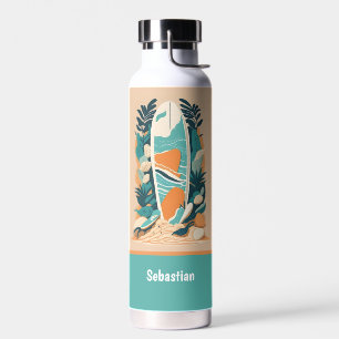 Retro Abstract Tropical Beach Surfboard Water Bottle